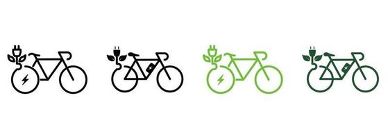 ecologia bicicletta su elettrico energia con spina e foglia linea e silhouette icona colore impostare. eco elettricità città trasporto. verde energia bicicletta simbolo collezione. isolato vettore illustrazione.
