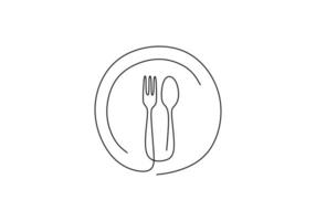 disegno a tratteggio continuo del simbolo del cibo. segno di piatto, coltello e forchetta. minimalismo disegnato a mano una linea arte minimalista illustrazione vettoriale. tema cena con contorno schizzo creativo. vettore