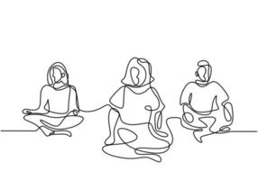 donna che fa esercizio di yoga. tre giovani ragazze sedute a gambe incrociate meditando disegno continuo di una linea disegnare isolato su sfondo bianco. carattere donne lezioni di yoga di gruppo. illustrazione vettoriale. vettore