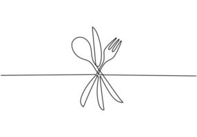 segno di cibo continuo di un disegno a tratteggio, vettore di cucchiaio, forchetta e coltello. design minimalista con semplicità disegnata a mano isolato su sfondo bianco, contorno minimalista disegnato a mano.