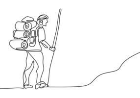 disegno continuo di una linea di persone in viaggio disegnate a mano con sagome di zaini. il turista escursionismo zaino picnic montagne. uomo di carattere facendo escursioni, camminando sulla collina vettore