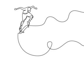 continuo un disegno a tratteggio del giovane che gioca a skateboard. ragazzo che gioca concorrenza sport stimolante isolato su sfondo bianco. tema di illustrazione vettoriale sport. stile minimalista
