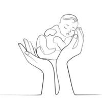 neonato bambino nel La madre di mani continuo linea moderno disegno, contorno vettore illustrazione.maternità e gravidanza, maternità surrogata, salute e cura nel il famiglia concetto, manifesto, logo, emblema, sfondo design