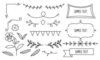 retrò linea disegno cornici, nastri, fiori, decorazioni e impianti vettore