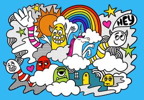 Doodle di mostro colorato arcobaleno vettore