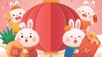 manifesto per Cinese nuovo anno, carino coniglio personaggio o mascotte, lanterne e nuovo anno elementi vettore
