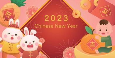 Cinese lunare nuovo anno manifesto, carino coniglio personaggio o portafortuna con ragazzo, ananas e arancia con oro monete e lingotto, nuovo anno manifesto vettore