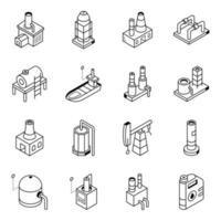 collezione di carburante fabbrica isometrico linea icone vettore
