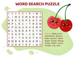 parola ricerca puzzle con frutta e frutti di bosco. formazione scolastica gioco per bambini. apprendimento inglese linguaggio. cartone animato ortografia puzzle. test per bambini cruciverba libro. vettore illustrazione.