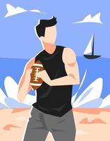 illustrazione di un' uomo giocando preparazione per gettare un' Rugby sfera. spiaggia, mare, barca sfondo. estate tema concetto, tempo libero, sport vettore