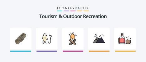 turismo e all'aperto ricreazione linea pieno 5 icona imballare Compreso Posizione. kayak. panca. canoa. picnic. creativo icone design vettore