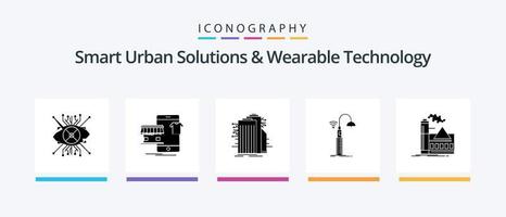 inteligente urbano soluzioni e indossabile tecnologia glifo 5 icona imballare Compreso Wifi. luci. in linea. Internet. inteligente città. creativo icone design vettore