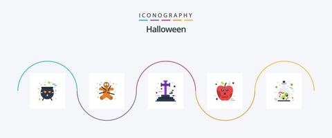 Halloween piatto 5 icona imballare Compreso Halloween. cranio. attraversare. veleno. Mela vettore