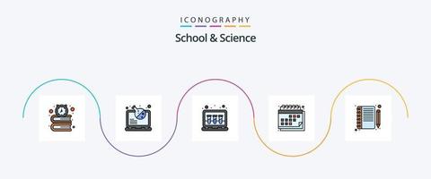 scuola e scienza linea pieno piatto 5 icona imballare Compreso taccuino. orario. chimico. Data. appuntamento vettore