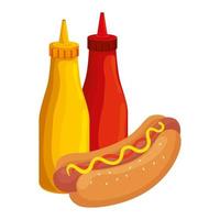 delizioso hot dog con bottiglie di salse icona di fast food vettore