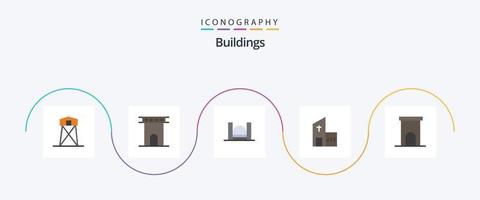 edifici piatto 5 icona imballare Compreso Chiesa. costruzione. storico. fiume. porto vettore