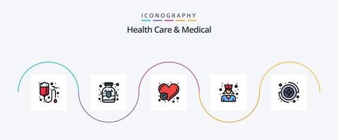 Salute cura e medico linea pieno piatto 5 icona imballare Compreso catturare. infermiera. medicinale. medico. cuore vettore