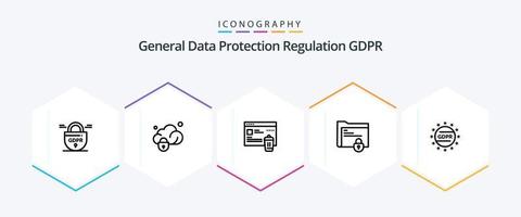 GDPR 25 linea icona imballare Compreso GDPR . sicuro cartella. stato . serratura . cartella vettore