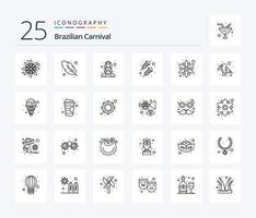 brasiliano carnevale 25 linea icona imballare Compreso pappagallo. sole fiore. carattere. fiore. fuoco opera vettore