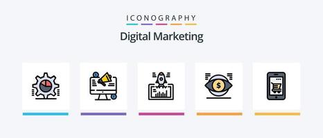 digitale marketing linea pieno 5 icona imballare Compreso marketing. campagna. video. statistiche. torta grafico. creativo icone design vettore
