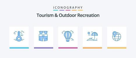 turismo e all'aperto ricreazione blu 5 icona imballare Compreso carta geografica. vacanza. pantalone. lettino. piccante. creativo icone design vettore