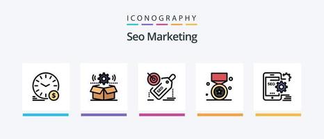 SEO marketing linea pieno 5 icona imballare Compreso ruota. ambientazione. vincita. ragnatela. ambientazione. creativo icone design vettore