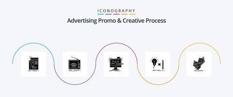 pubblicità promo e creativo processi glifo 5 icona imballare Compreso chiave. idea. televisione. studio. design vettore