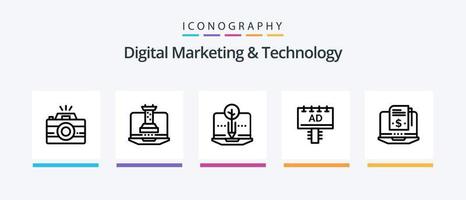 digitale marketing e tecnologia linea 5 icona imballare Compreso pubblicità. formazione scolastica. risultato. contenuto. vincita. creativo icone design vettore