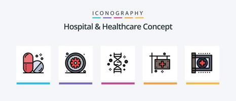 ospedale e assistenza sanitaria concetto linea pieno 5 icona imballare Compreso fattura. genetico. medico. gene. cromosoma. creativo icone design vettore