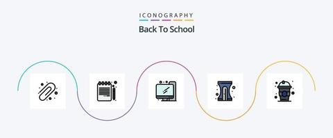 indietro per scuola linea pieno piatto 5 icona imballare Compreso indietro per scuola. succo. formazione scolastica. bere. matita vettore