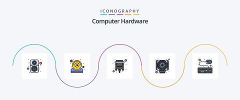 computer hardware linea pieno piatto 5 icona imballare Compreso topo. Accessori. cavo. fan. computer vettore