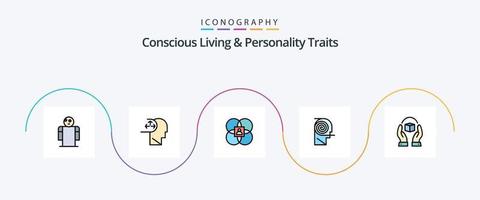 consapevole vivente e personalità tratti linea pieno piatto 5 icona imballare Compreso studia. definizione. carattere. comprensione. persona vettore