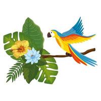 animale pappagallo nel ramo con foglie e fiori vettore