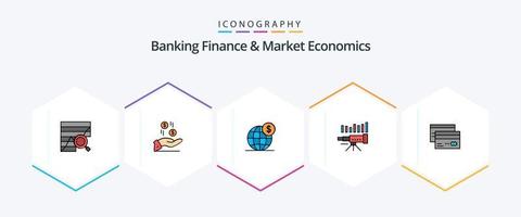 bancario finanza e mercato economia 25 riga piena icona imballare Compreso attività commerciale. internazionale. i soldi. globo. globale vettore