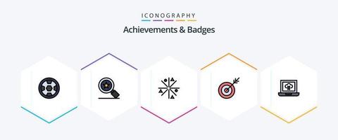 realizzazioni e badge 25 riga piena icona imballare Compreso distintivo. conquiste. fuoco. obbiettivo. dardo vettore