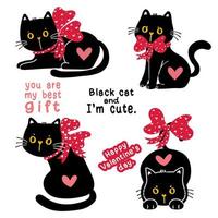 simpatico gattino gatto nero San Valentino con fiocco di nastro rosso insieme di raccolta regalo di festa, clip art illustrazione scarabocchio vettore