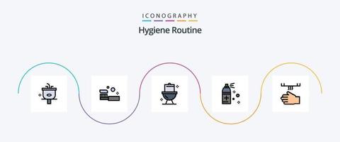 igiene routine linea pieno piatto 5 icona imballare Compreso bagno. pulizia. doccia. bottiglia. gabinetto vettore