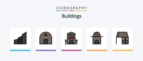 edifici linea pieno 5 icona imballare Compreso casa. antico costruzione. negozio davanti. capanna. casa. creativo icone design vettore