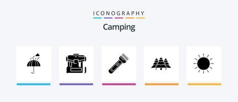 campeggio glifo 5 icona imballare Compreso giungla. foresta. escursionismo. escursionismo. veloce. creativo icone design vettore