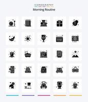 creativo mattina routine 25 glifo solido nero icona imballare come come friggere. prima colazione. pane. Abiti. ufficio vettore