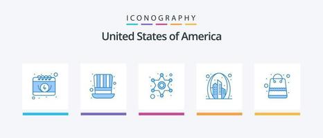 Stati Uniti d'America blu 5 icona imballare Compreso Borsa. punto di riferimento. uomini. cancello. arco. creativo icone design vettore