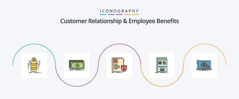 cliente relazione e dipendente benefici linea pieno piatto 5 icona imballare Compreso il computer portatile. grafico. documento. disposizione. Salute vettore