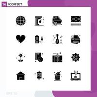universale icona simboli gruppo di 16 moderno solido glifi di cuore in linea apprendimento i soldi in linea modificabile vettore design elementi