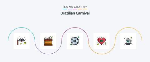 brasiliano carnevale linea pieno piatto 5 icona imballare Compreso tè. prima colazione. calcio. amore. bandiera vettore