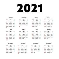 calendario 2021 isolato su priorità bassa bianca. la settimana inizia dalla domenica. illustrazione vettoriale.