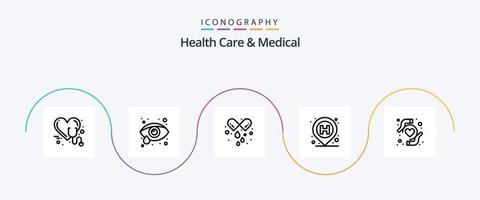 Salute cura e medico linea 5 icona imballare Compreso cuore Salute. cartello. capsula. spillo. ospedale vettore