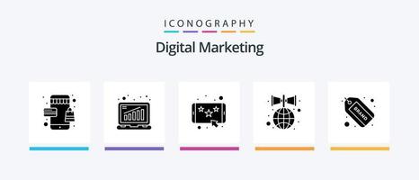 digitale marketing glifo 5 icona imballare Compreso etichetta. oratore. premio. promozione. pubblicizzare. creativo icone design vettore