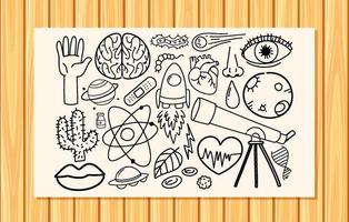 diversi tratti di doodle sulle attrezzature scientifiche su una carta vettore