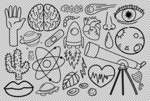 diversi tratti di doodle sulle attrezzature scientifiche su sfondo trasparente vettore