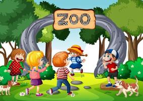 scena del cancello d'ingresso dello zoo con molti bambini vettore